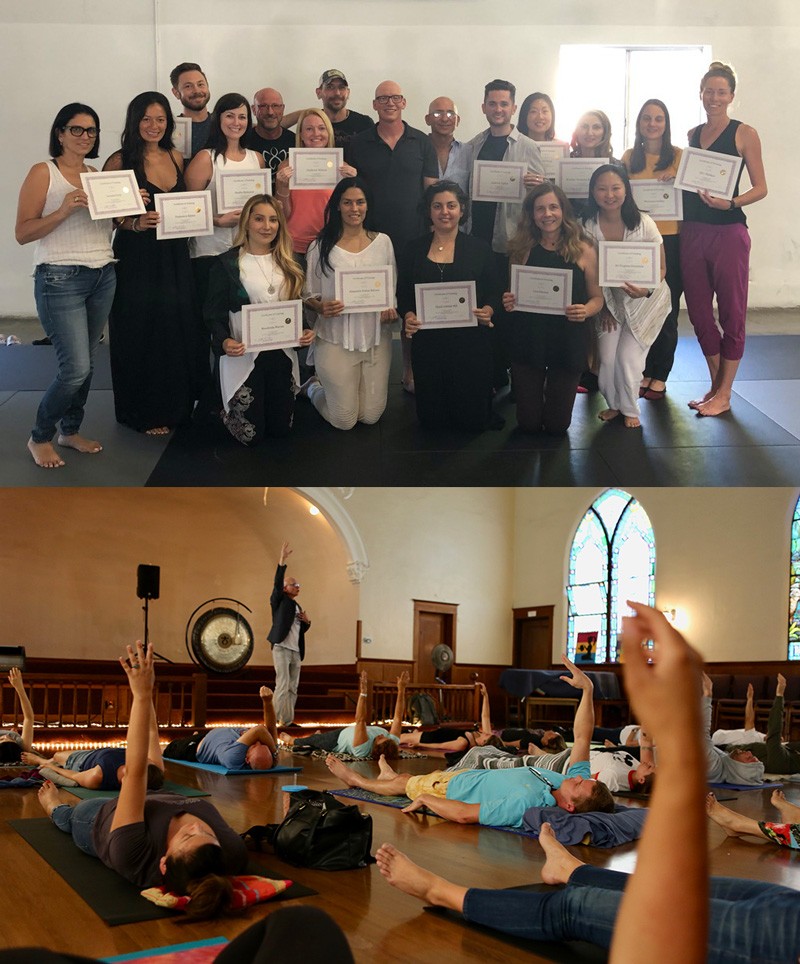 Best In Person Breathwork Teacher Training - woman laying down with her eyes closed doing breathwork with an instructor